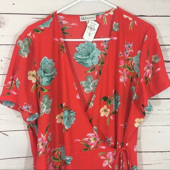 NEW Neiman Marcus 14 Faux Wrap Coral Floral Dress Summer - Picture 3 of 7